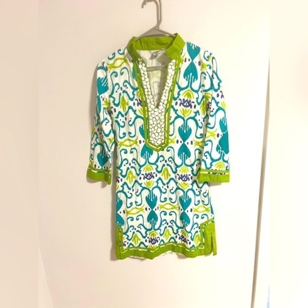 Sheridan French Embellished blue and green tunic dress cotton size 0